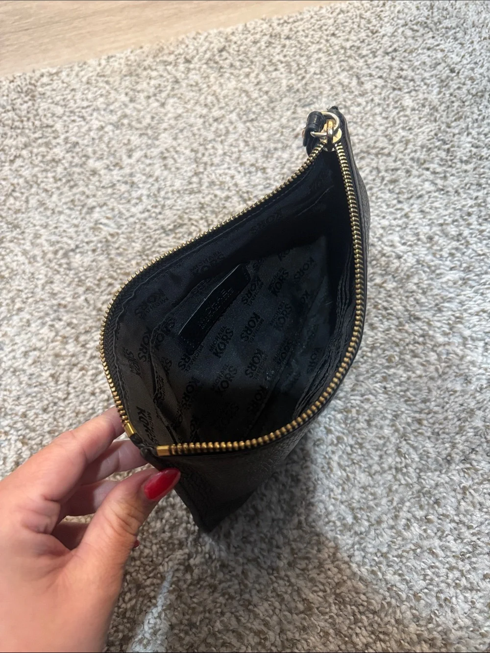 Michael Kors Black Pebbled Leather Wristlet with Gold Logo